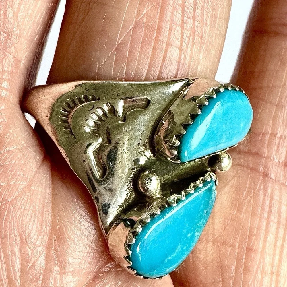 Mens Turquoise Navajo Band Sz 11 Two Stone Ring 21mm Signed ML‎ Handmade Native